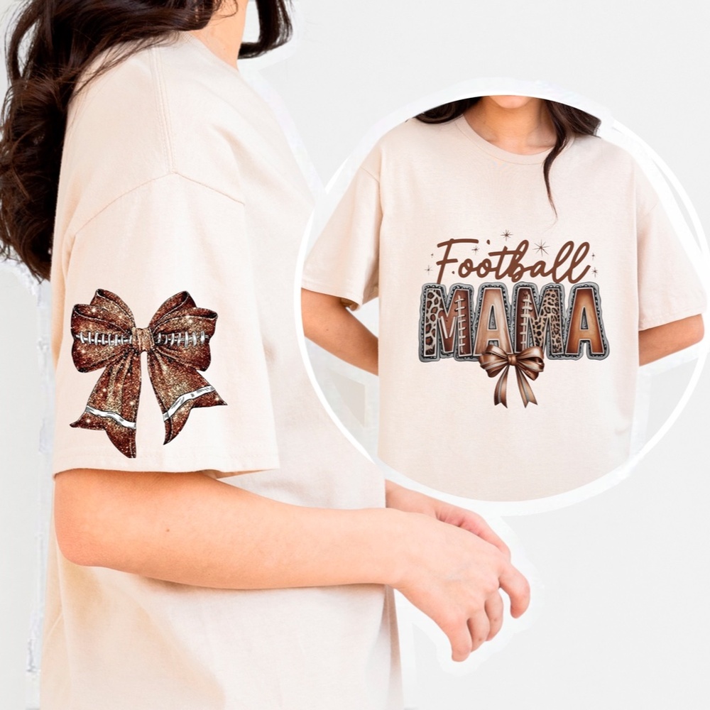 🏈 Game Day Football Mama  T-shirt S M L XL Leopard, lace bow New Sand Handmade